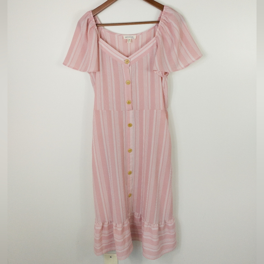 Brand:  — Pink Striped Midi Dress with Button Front